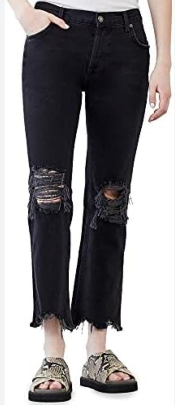 We the Free Women 28 Black Button Fly Distressed "Maggie" Cotton Denim Jeans